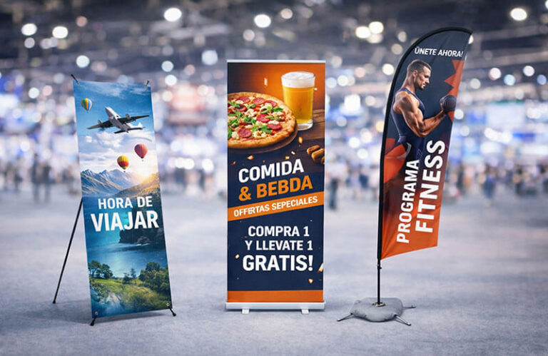 Artículos publicitarios como roll ups y X banners.